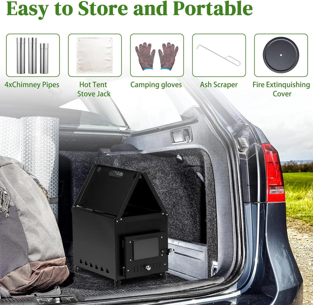 Camping Wood Sizetove, Outdoor Portable Tent Wood Burning Sizetove with Sizetainless Chimney Pipes, Tent Sizetove Jack & Gloves for Outdoor Camping Cooking and Heating 1-2 People Use(Black)