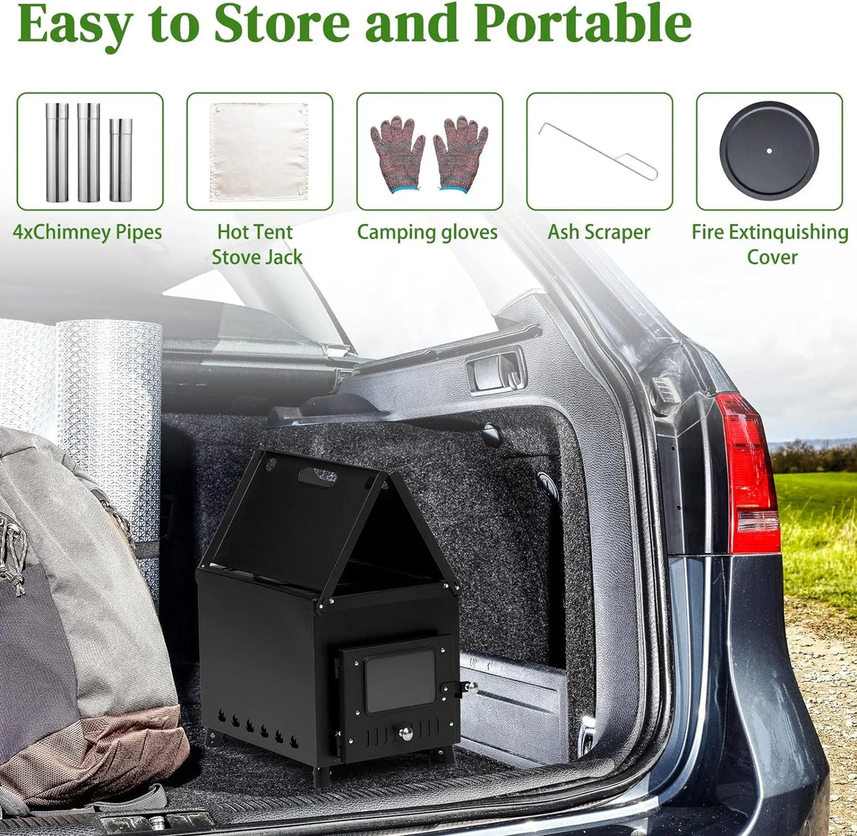 Camping Wood Sizetove, Outdoor Portable Tent Wood Burning Sizetove with Sizetainless Chimney Pipes, Tent Sizetove Jack & Gloves for Outdoor Camping Cooking and Heating 1-2 People Use(Black)