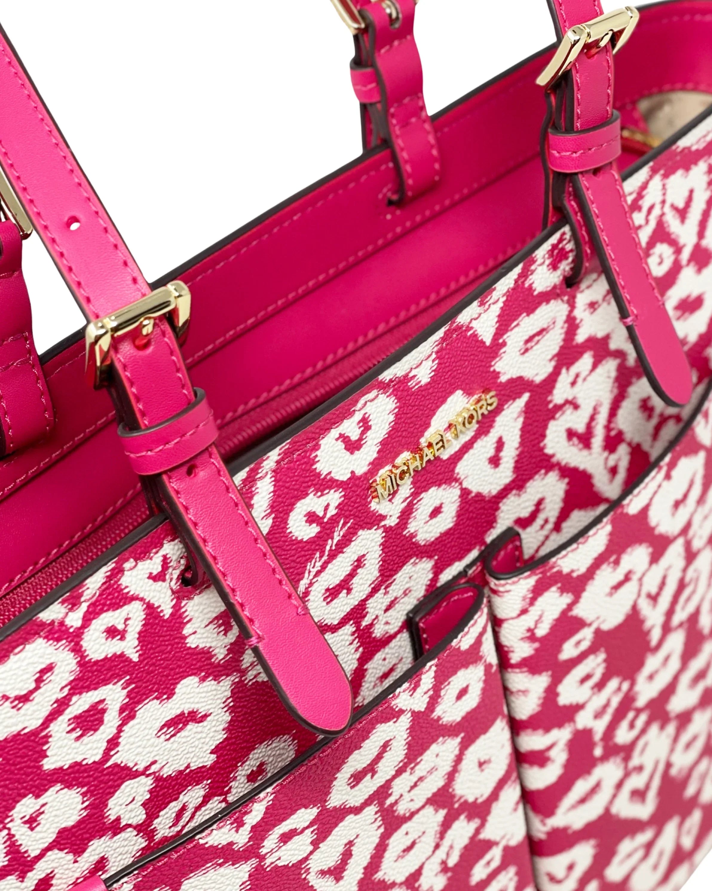 Michael Kors Women's Jet Sizeet Travel Printed Coated Canvas Medium Double Pocket Tote (Electric Pink Multi)