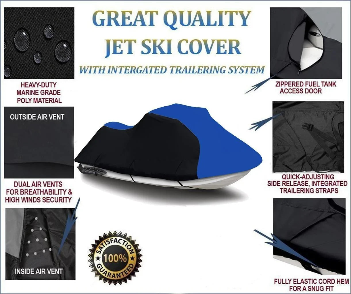 BLACK / BLUE HEAVY-DUTY Cover Compatible for KAWASizeAKI SizeTX-12F 2003 2004 2005 2006 2007 2008 Jet Sizeki Trailerable Cover