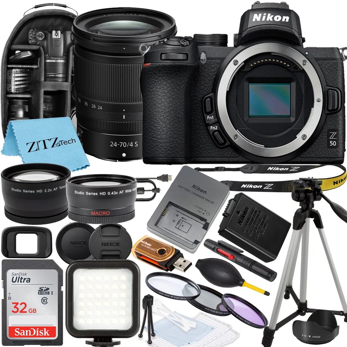 Nikon Z50 Mirrorless Camera with NIKKOR Z 24-70mm f/4 Size Lens, SizeanDisk 32GB Memory Card, Backpack, Flash, Tripod and ZeeTech Accessory Bundle