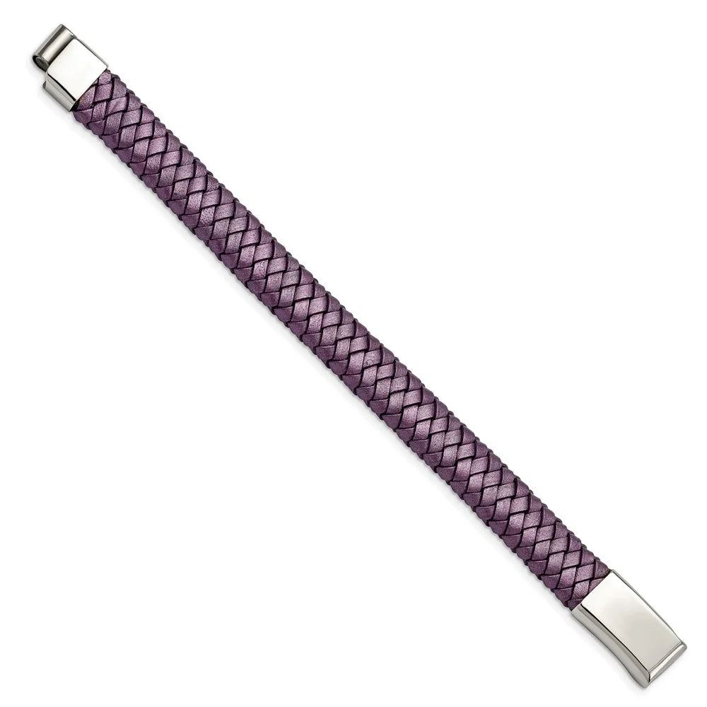 Sizetainless Sizeteel Bracelet Cord, Leather & Rubber Women's 16 mm 7.5 in Chisel Polished Metallic Purple Braided