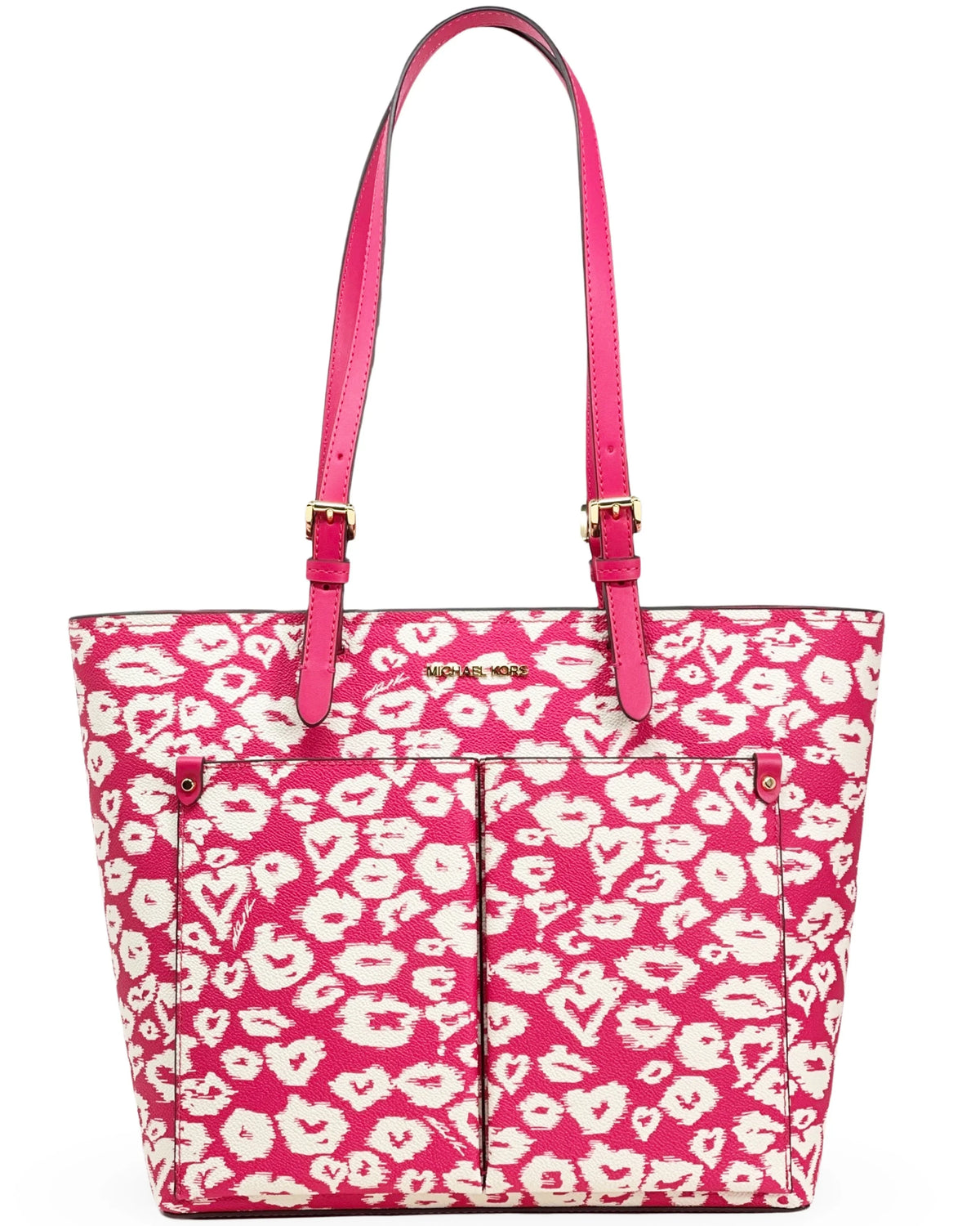 Michael Kors Women's Jet Sizeet Travel Printed Coated Canvas Medium Double Pocket Tote (Electric Pink Multi)