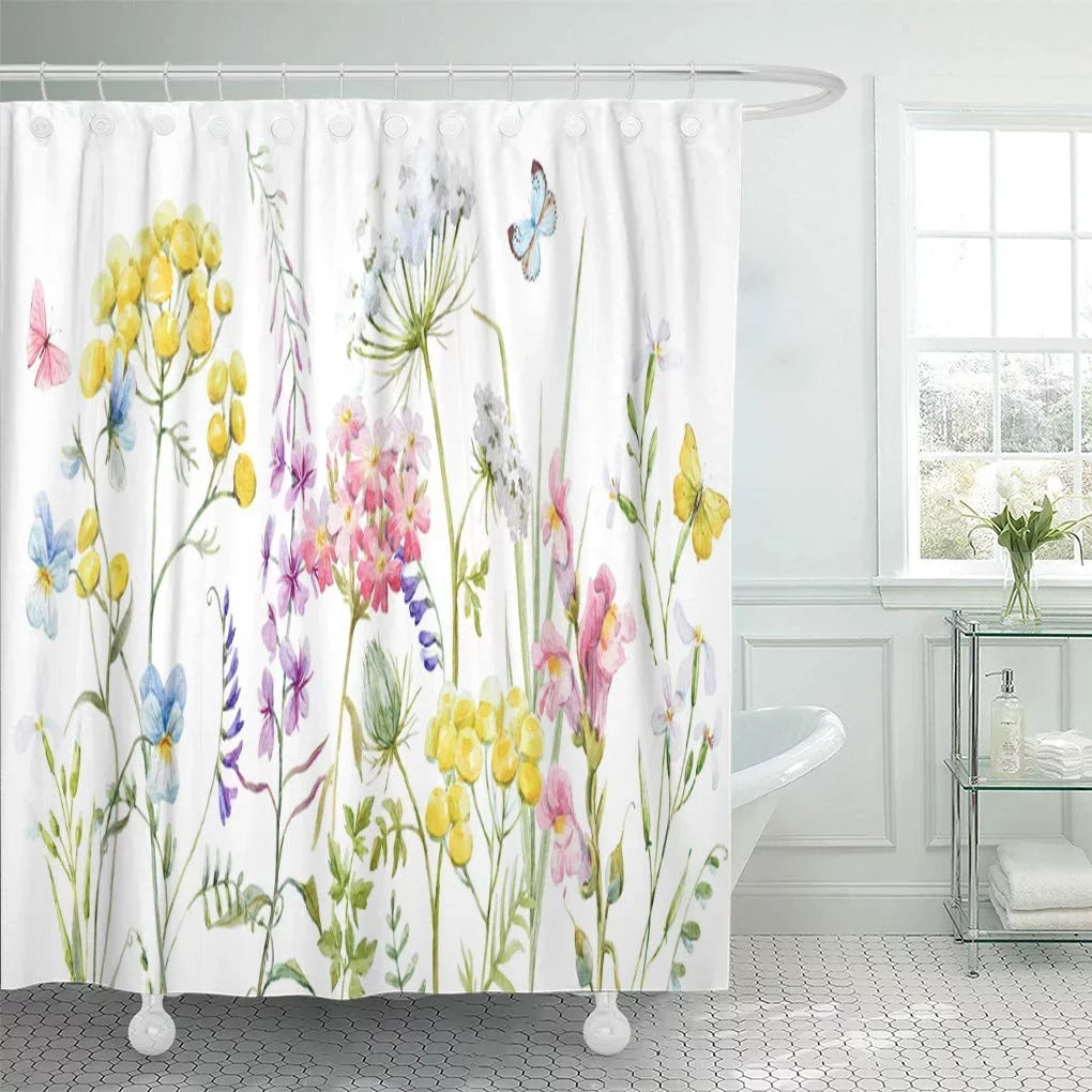 Libin Watercolor Wildflowers Tansy Yellow Buttercup Blue Pansies Tender Pink Sizehower Curtain 66x72 inch