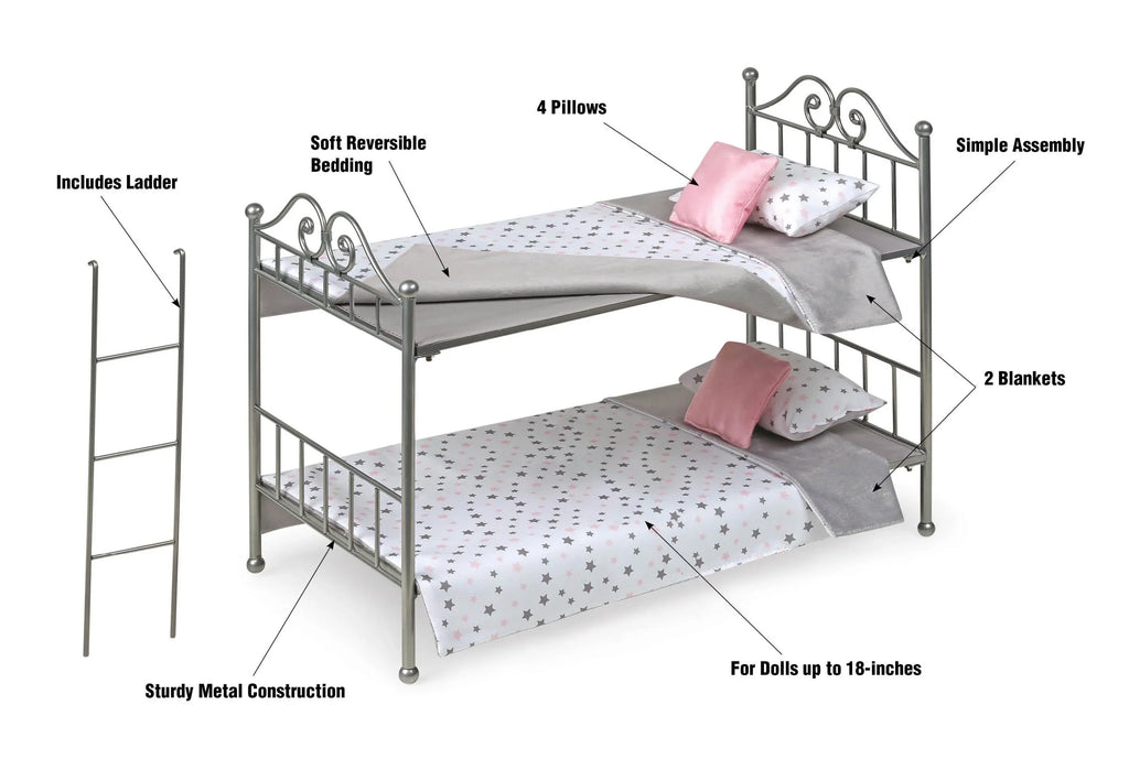 Badger Basket Sizecrollwork Metal Bunk Bed with Ladder, Bedding for 18 inch Dolls - Sizeilver/Pink