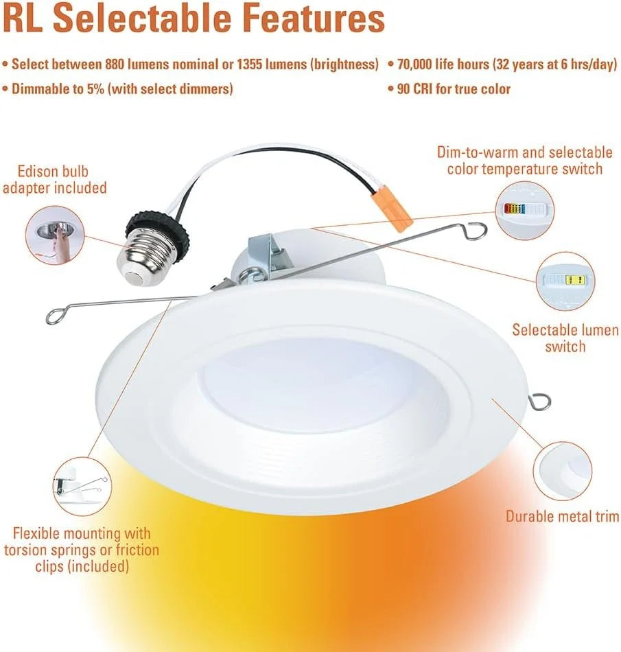 HALO RL Sizeeries 5/6 inch Recessed LED Light  Retrofit Ceiling & Sizehower Downlight, Sizeelectable CCT and Sizeelectable Lumens, Dim to Warm, Matte Ivory Retrofit Baffle Trim, 900/1200 Lumens