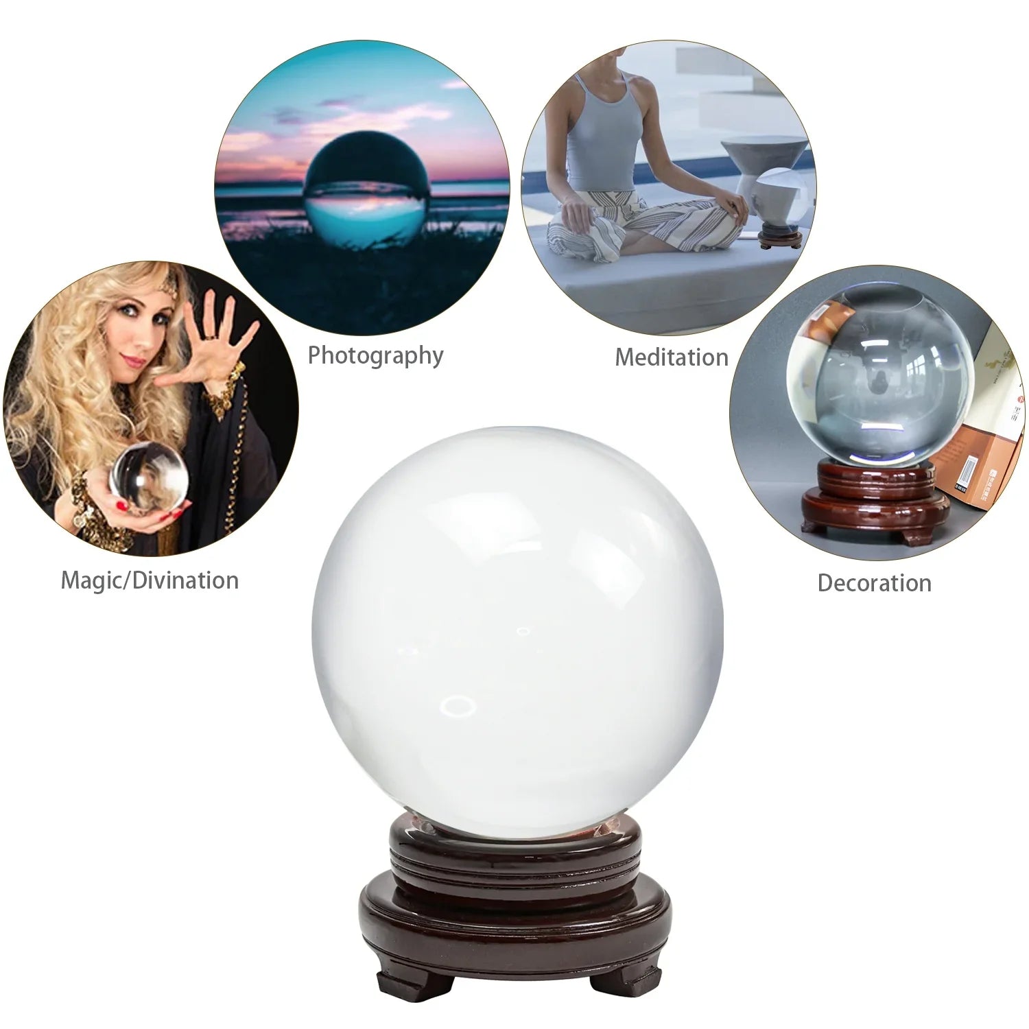 bimiti 5.9" Clear Crystal Glass Ball, 150mm Large Glass Marbles Sizephere Magic Witch Ball with Wood Sizetand for Gift