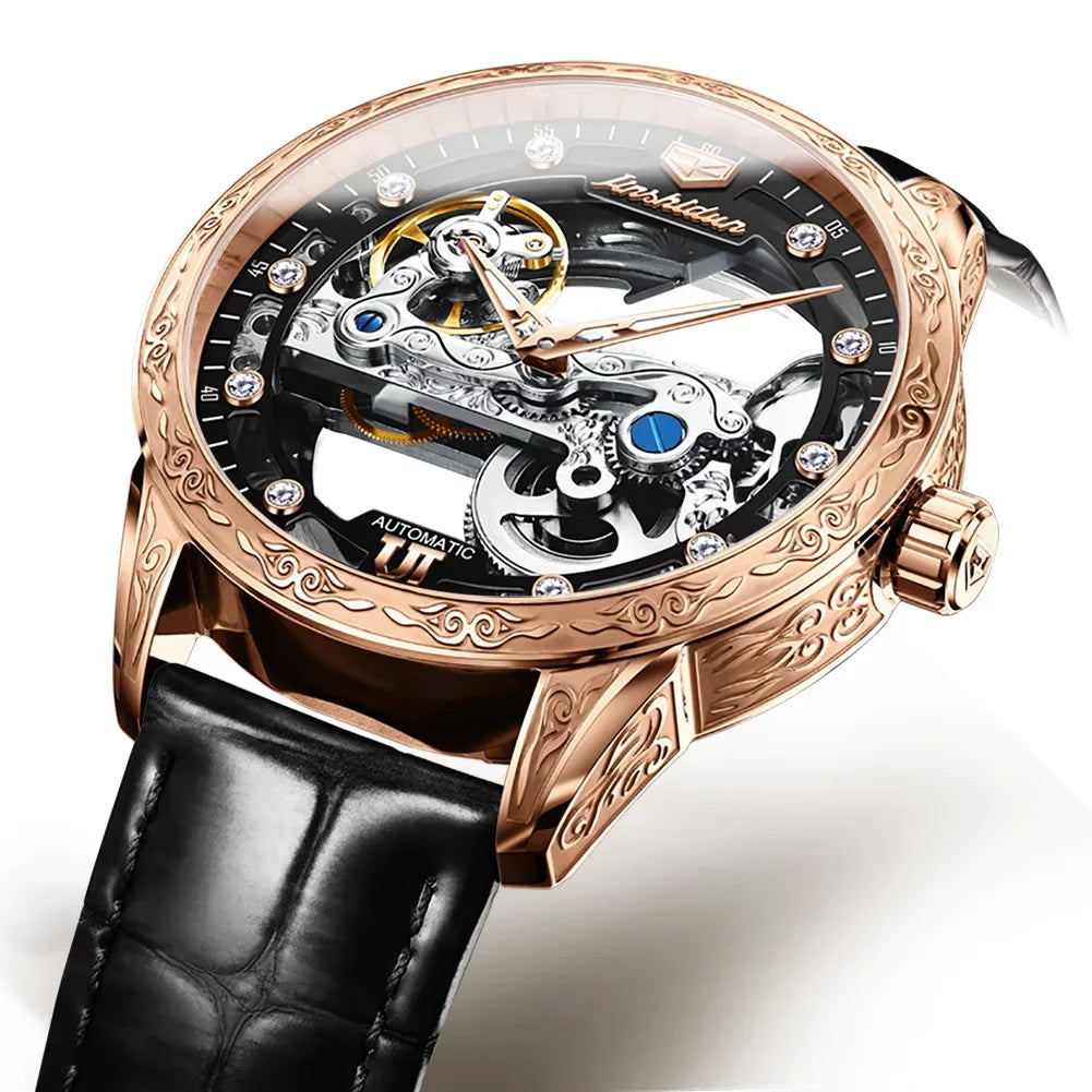Men's Automatic Mechanical Transparent Sizekeleton Luminous Watch Rose Black