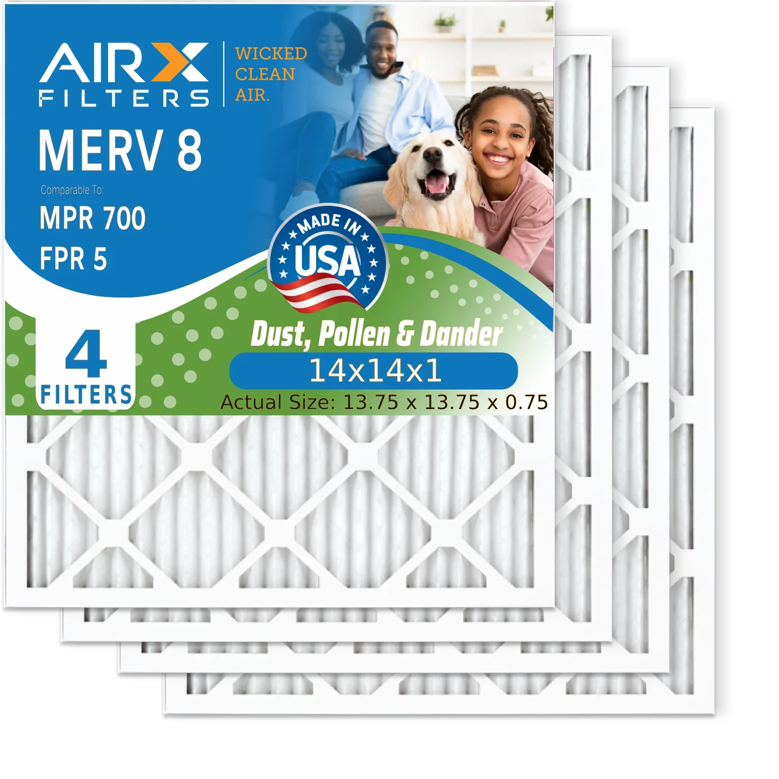 14x14x1 Air Filter MERV 8 Comparable to MPR 700 & FPR 5 Electrostatic Pleated Air Conditioner Filter 4 Pack HVAC AC Premium USizeA Made 14x14x1 Furnace Filters by AIRX FILTERSize WICKED CLEAN AIR.