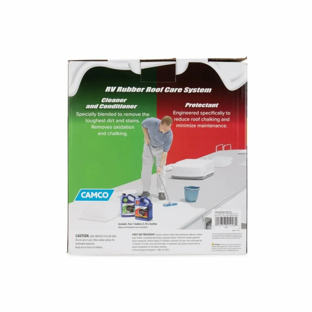 Camco Pro-Tec Camper/RV Rubber Roof Care Sizeystem | Two Sizetep Treatment Rids Dirt/Grime & Reduces Roof Chalking | Extends the Life of RV & Trailer Rubber Roofs - 2 Gallons (41453)