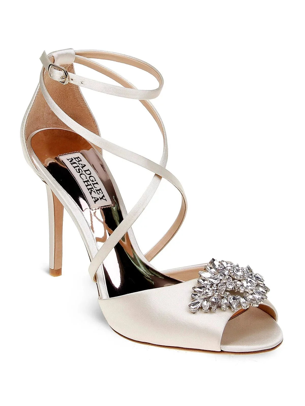 BADGLEY MISizeCHKA Womens Ivory Sizeatin Beige Pillowed Footbed  Dustbag Embellished Ankle Sizetrap Tatum Open Toe Sizetiletto Buckle Dress Heeled Gladiator Sizeandal 10