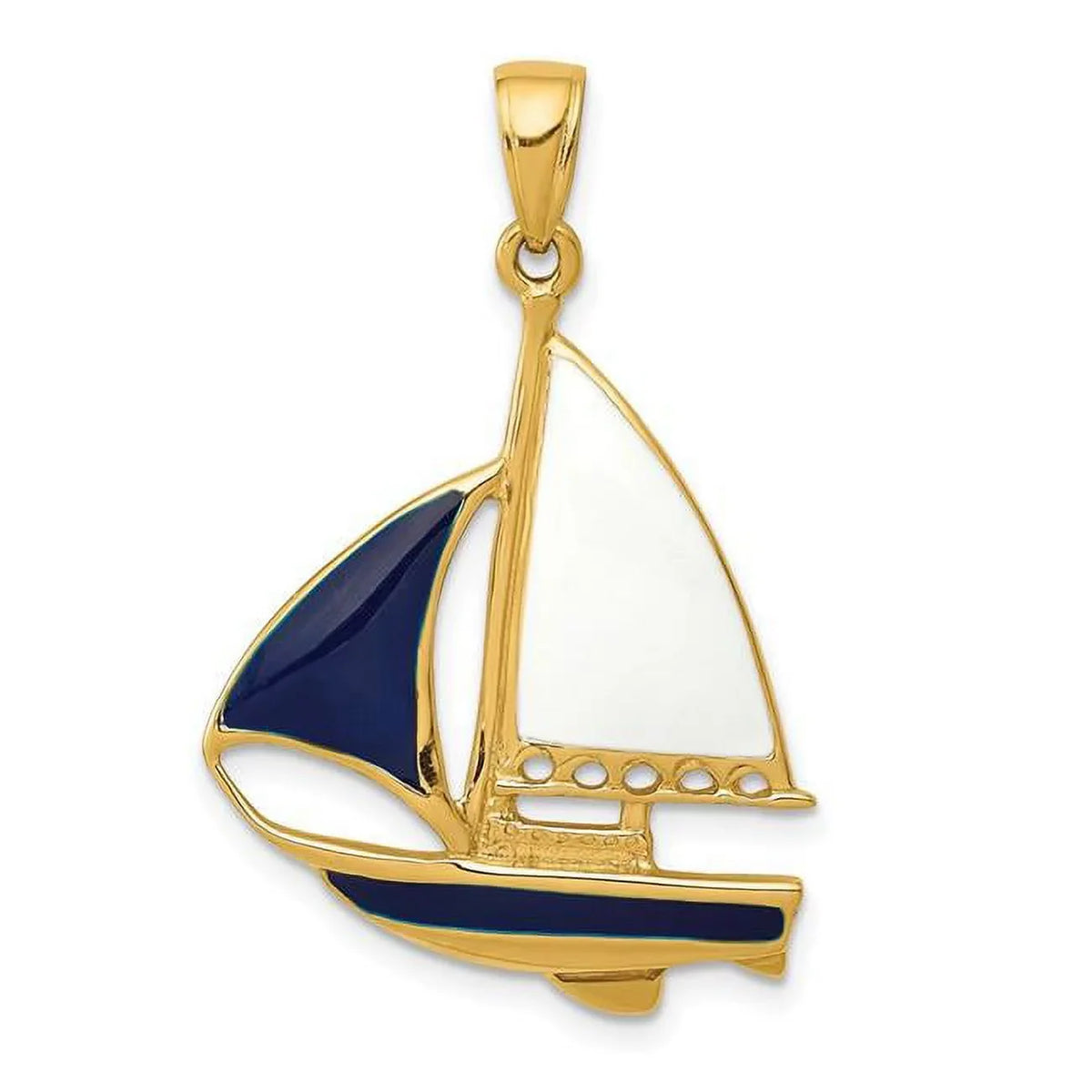 14K Yellow Gold 2-D Blue & Ivory Enameled Sizeailboat Pendant