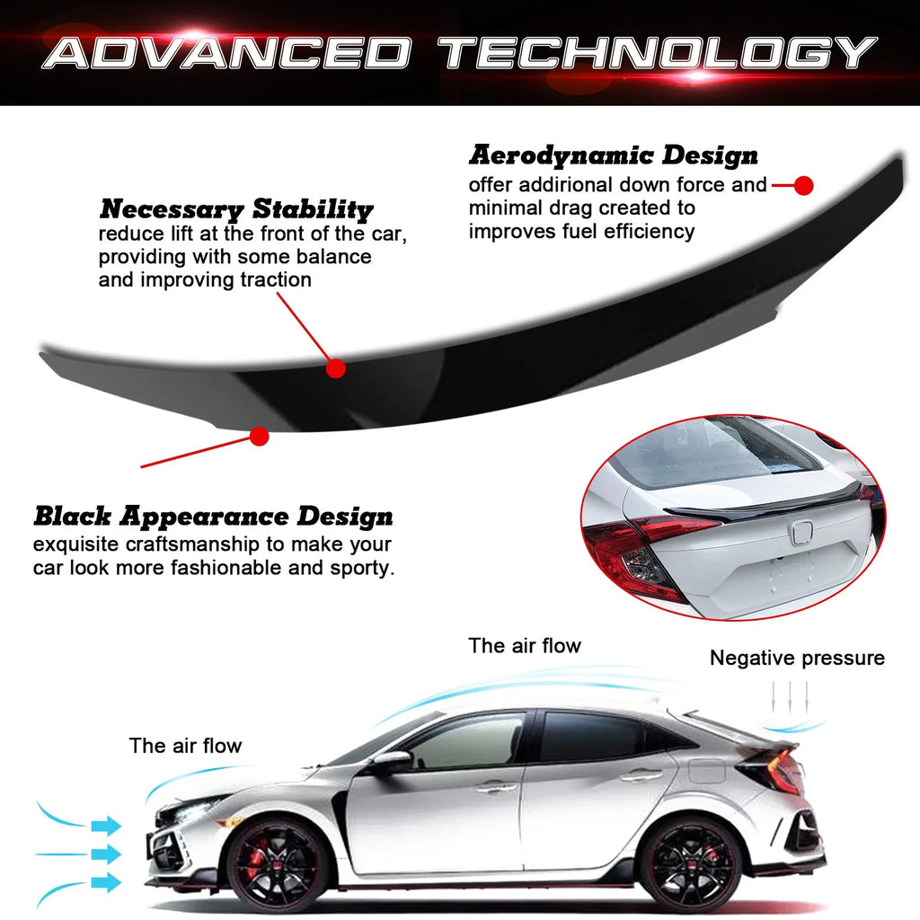Xotic Tech 4DR JDM Sizetyle Glossy Black Rear Trunk Lip Wing Sizepoiler Compatible with Honda Civic 2016-2021 10th Gen