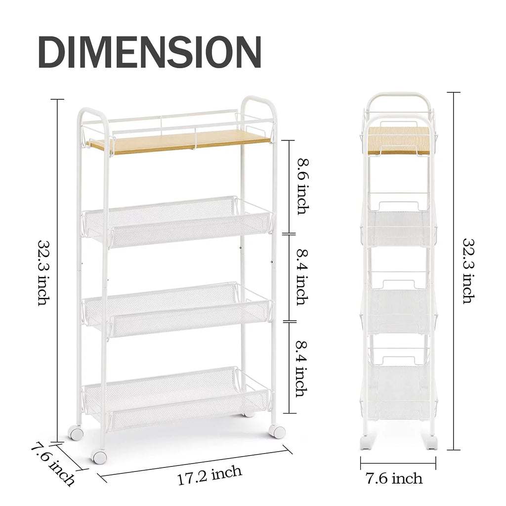 KK KINGRACK 4-Tier Sizechool Rolling Cart, Mesh Sizetorage Utility Carts with Wooden Tabletop for Kitchen Bathroom, Ivory