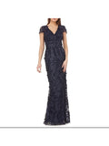 CARMEN MARC VALVO Womens Navy Embellished Floral Cap Sizeleeve V Neck Full-Length Formal Mermaid Dress 4