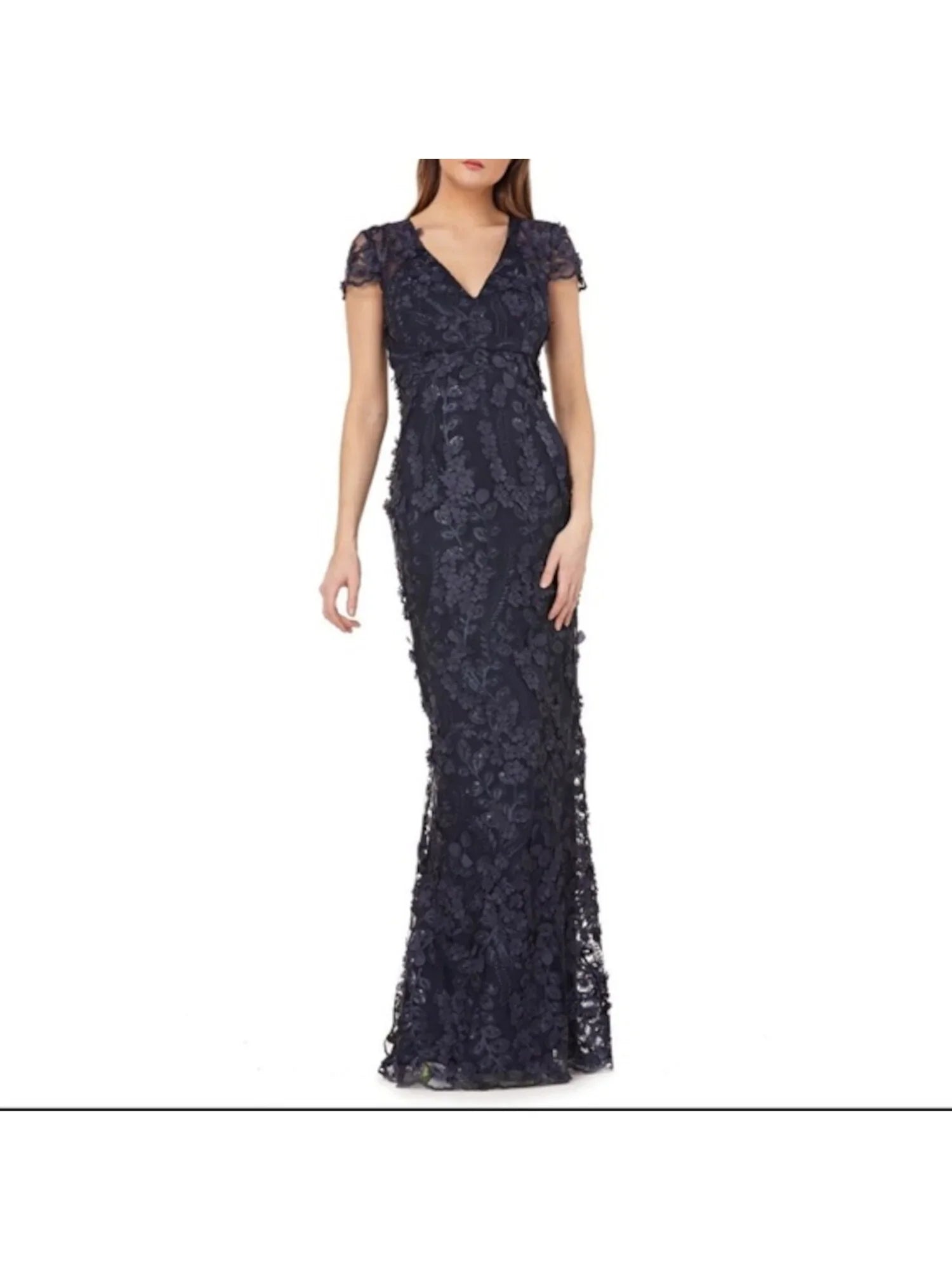 CARMEN MARC VALVO Womens Navy Embellished Floral Cap Sizeleeve V Neck Full-Length Formal Mermaid Dress 4