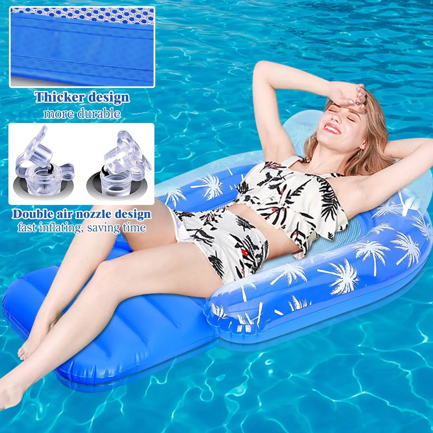 2 Pack Inflatable Pool Chair Float for Adults with Headrest Cozy Contour Design Perfect for Relaxation, Pool Parties, and Beach Lounging