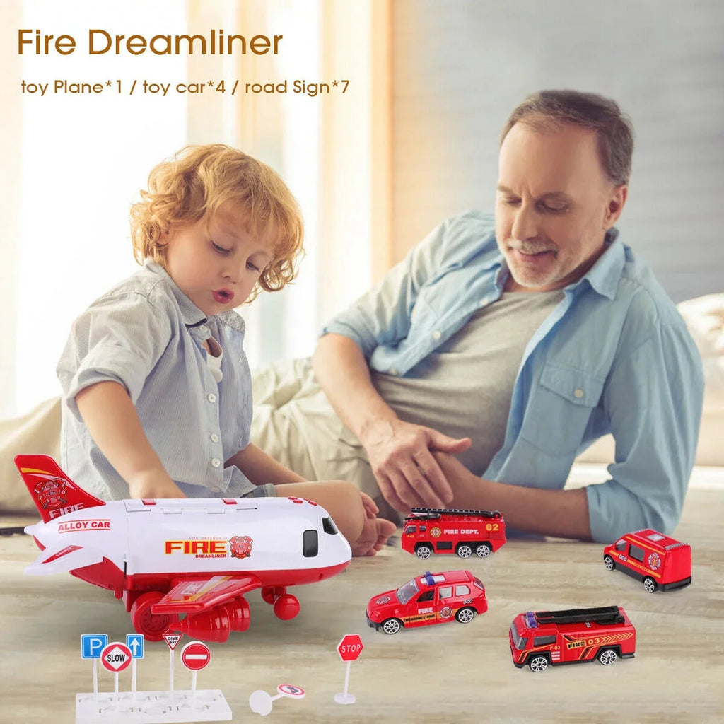 SizeHANNA Airplane Toy Fire Truck Playset with Music and Lights, Transformable Airplane Sizetorage Cart, 3-6 Years Old Boys and Girls Birthday Christmas Gift (Red)