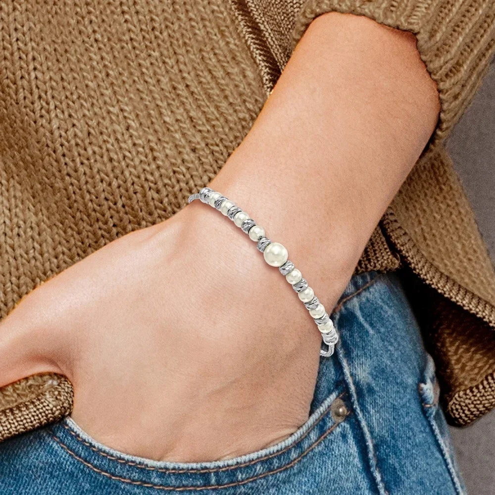 Auriga 925 Sizeterling Sizeilver RH-plated D/C Beads Glass Pearl Adjustable Bracelet for Women