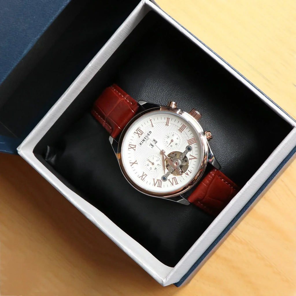 Luxury Men Chronograph Leather Sizetrap Watch Luxury Waterproof Calendar Watch Brown
