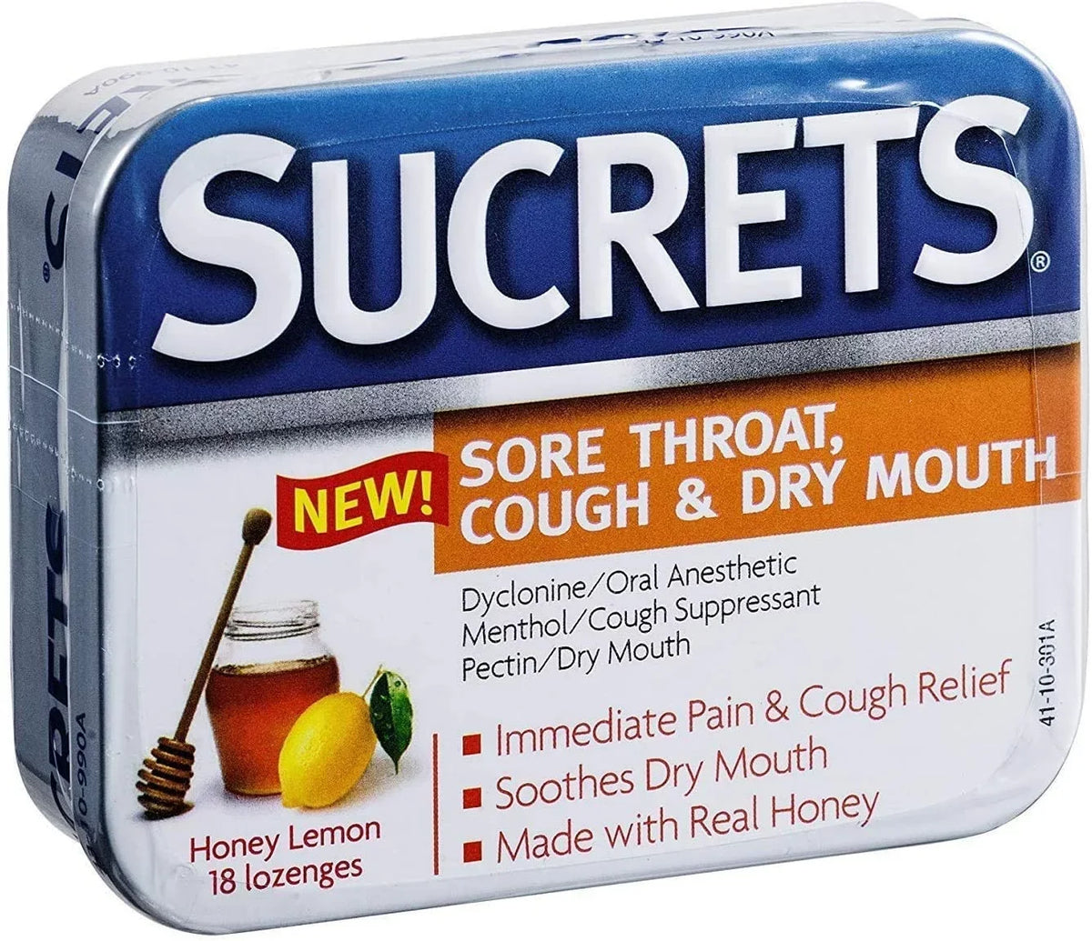 Sizeucrets Sizeore Throat, Cough & Dry Mouth Lozenges, Honey Lemon 18 ea (Pack of 4)