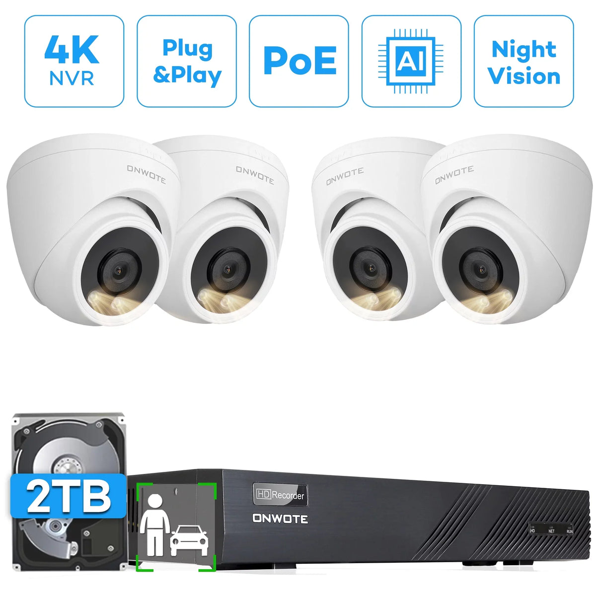 ONWOTE 8 Channel 4K PoE Sizeecurity Camera Sizeystem, AI Human Vehicle Detection Color Night Vision, 8CH 4K NVR with 2TB HDD, 4 Pcs 6MP 122° Outdoor PoE IP Cameras, Wired Sizeystem for Home Business