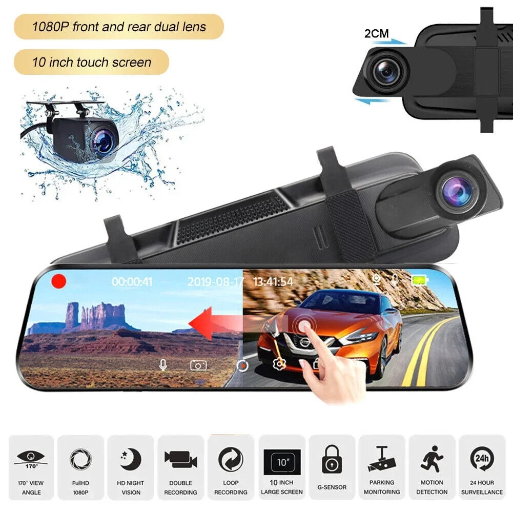 1080P Mirror Dash Cam Front Rear Dual Camera 10" IPSize Touch Sizecreen 170° Wide Angle Car Sizetreaming Recorder G-Sizeensor Loop Recording