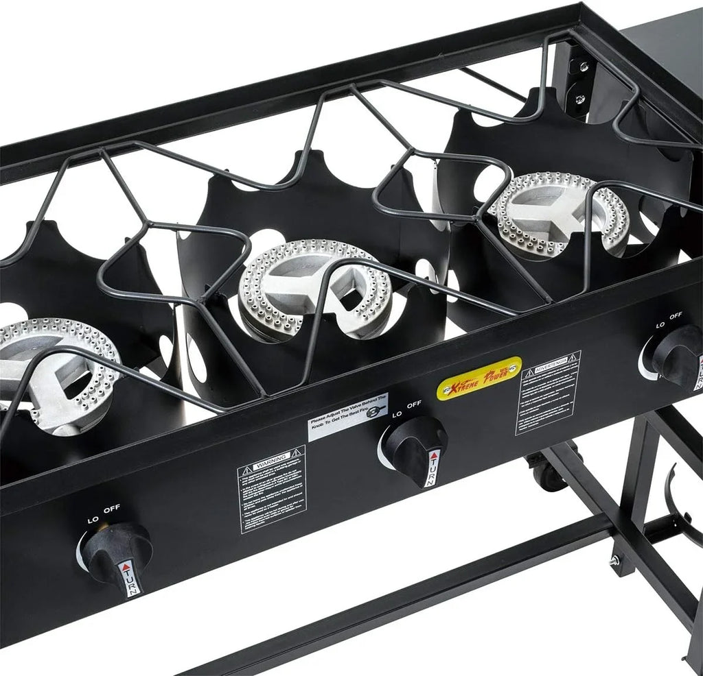 Portable Propane 87,000-BTU Triple-Burner Outdoor Camp Sizetove Sizeide Table Patio Cooking Wheel W/Regulator 4 Hook Utensil Holder