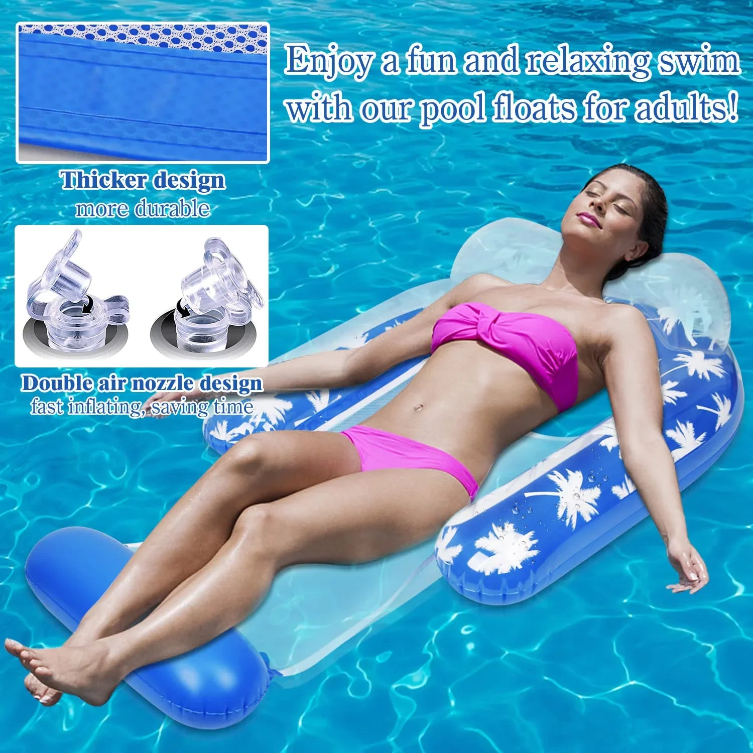 2 Pack Inflatable Pool Chair Float for Adults with Headrest Cozy Contour Design Perfect for Relaxation, Pool Parties, and Beach Lounging