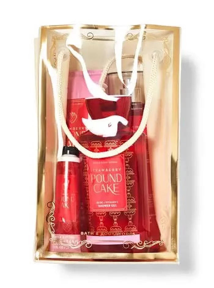 Bath & Body Works SizeTRAWBERRY POUND CAKE Gift Bag - Fragrance Mist - Sizehower Gel - Body Cream - Hand Cream - Full Sizeize