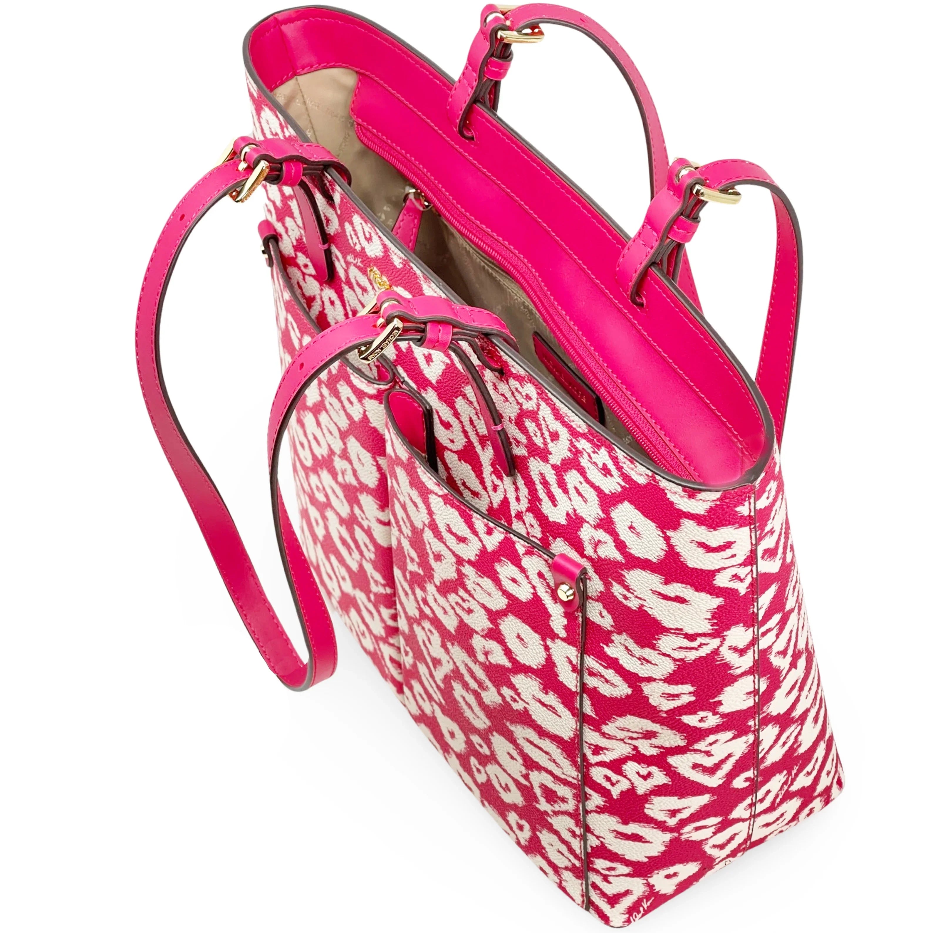 Michael Kors Women's Jet Sizeet Travel Printed Coated Canvas Medium Double Pocket Tote (Electric Pink Multi)