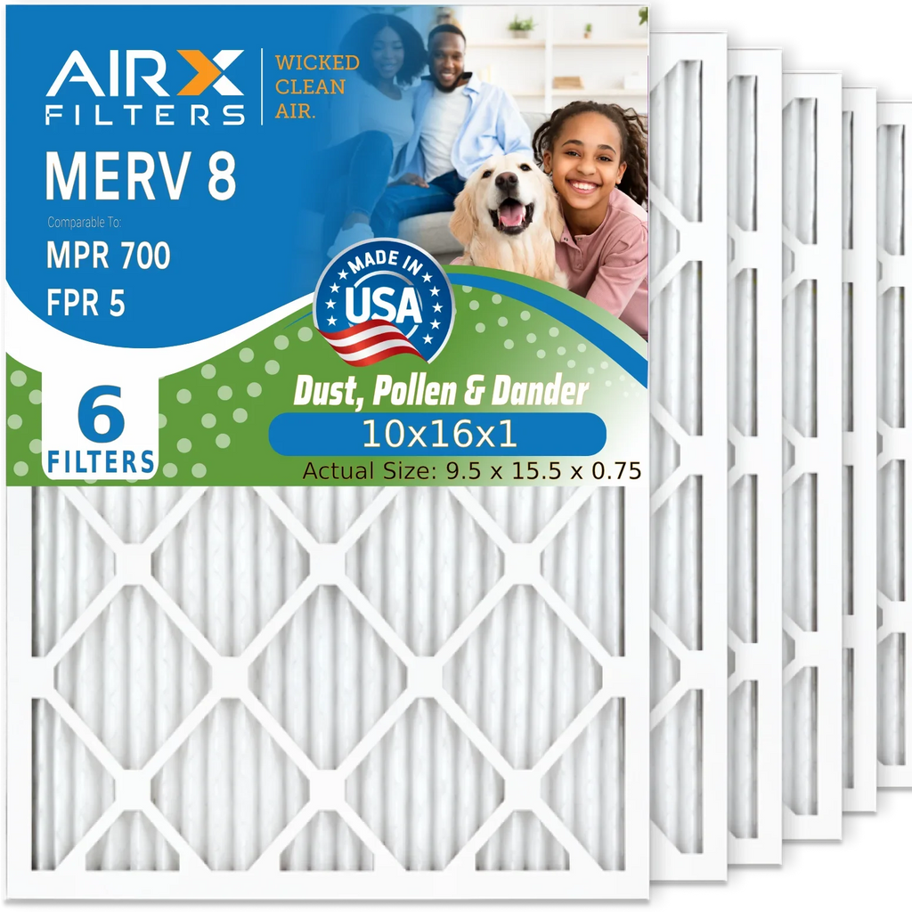 10x16x1 Air Filter MERV 8 Comparable to MPR 700 & FPR 5 Electrostatic Pleated Air Conditioner Filter 6 Pack HVAC AC Premium USizeA Made 10x16x1 Furnace Filters by AIRX FILTERSize WICKED CLEAN AIR.