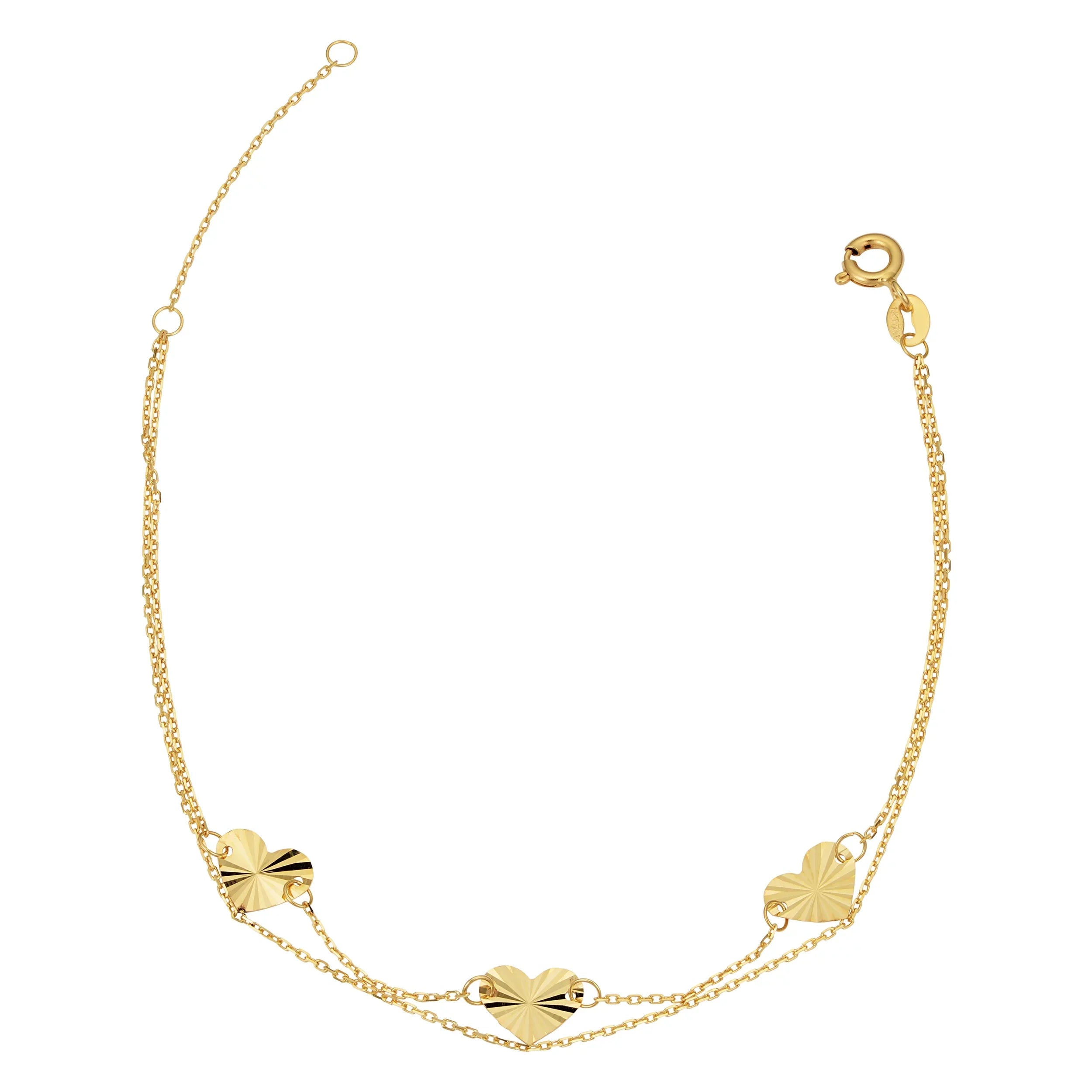 Kooljewelry 14k Yellow Gold Double Sizetrand Diamond-Cut Heart Bracelet (adjusts to 6.5 or 7.5 inch)
