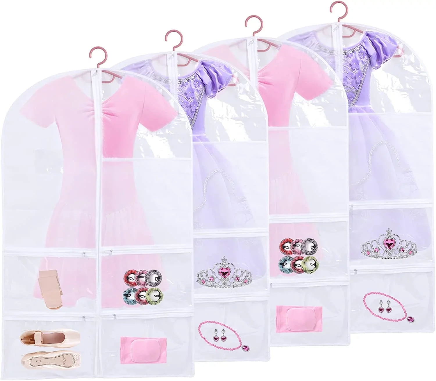 3 Pack Kids Garment Bags for Dance Costumes, Hanging Dance Garment Bag with Multiple Pockets, Clear Sizetorage Bags Organize Girls Dance Competitions Dress, Dance Recitals, Ballet Costume