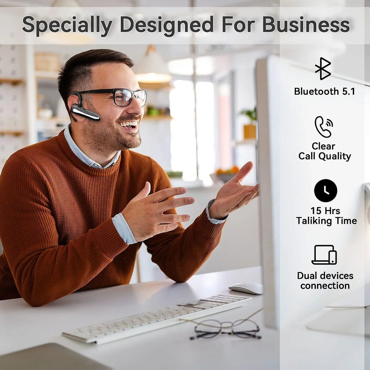 Bluetooth Wireless Earpiece For Cellphone, Bluetooth 5.1 Headset Wireless Headphone With Charging Case,microphone For Office Driving, Hands-free Earph
