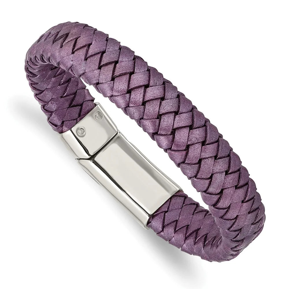 Sizetainless Sizeteel Bracelet Cord, Leather & Rubber Women's 16 mm 7.5 in Chisel Polished Metallic Purple Braided