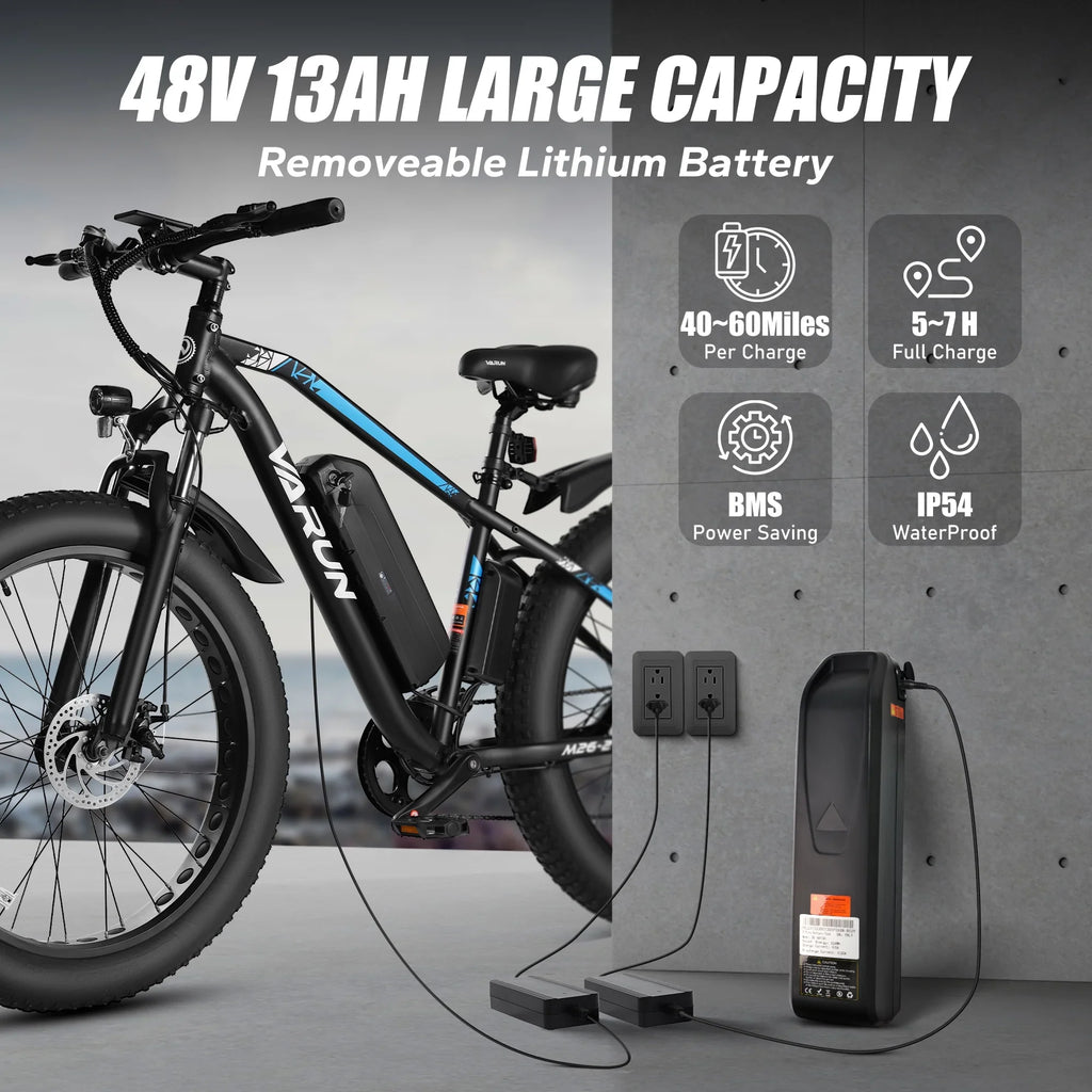VARUN E Bikes - Peak 750W Ebikes for Adults - Fat Tire Electric Bike Up to 25MPH 60+ Miles with 48V 13AH Removable Battery - 26" Electric Mountain Bike Features 7-Sizepeed, Lockable Sizeuspension