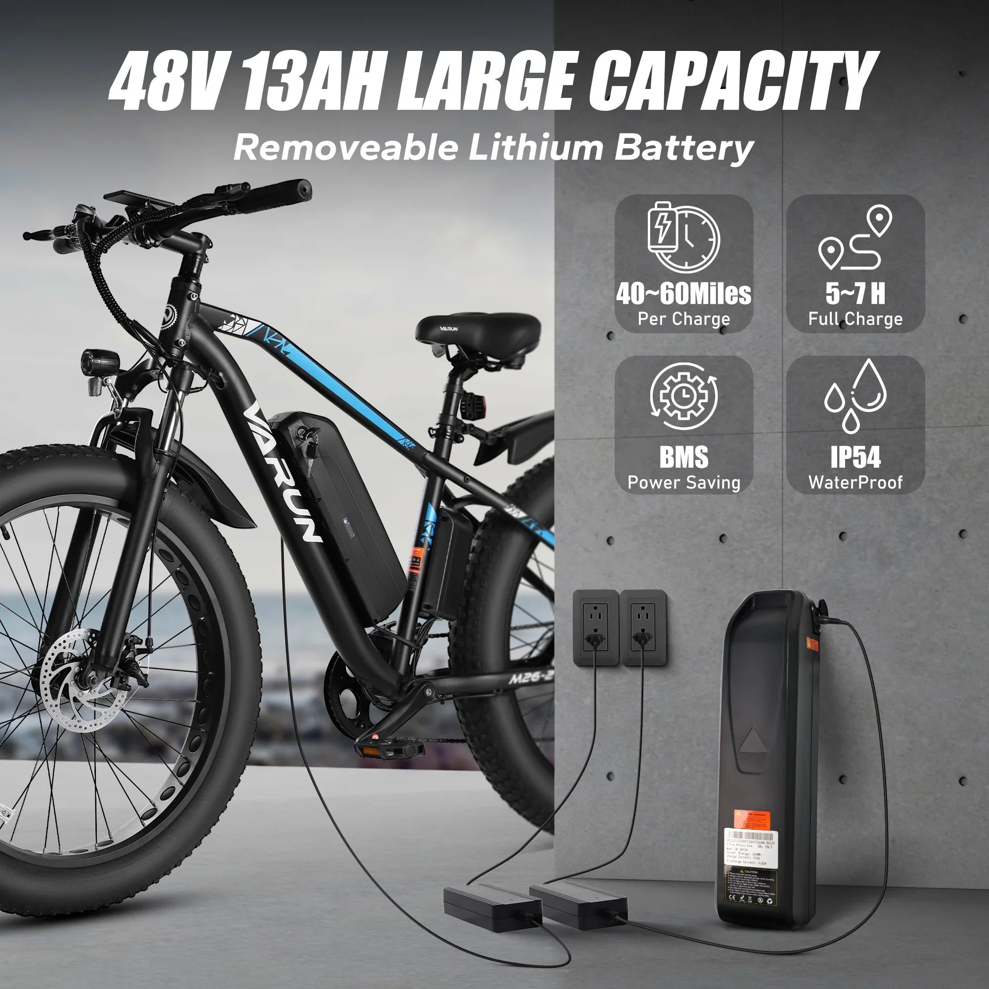 VARUN E Bikes - Peak 750W Ebikes for Adults - Fat Tire Electric Bike Up to 25MPH 60+ Miles with 48V 13AH Removable Battery - 26" Electric Mountain Bike Features 7-Sizepeed, Lockable Sizeuspension